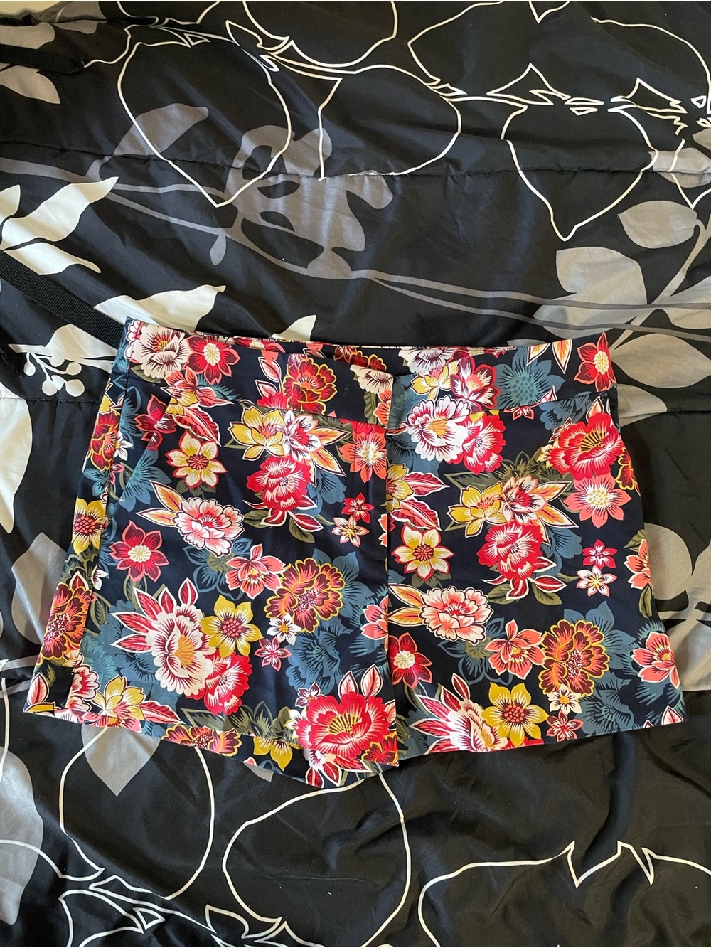 LOFT Black Floral Mini Skirt with Red & Yellow Blooms